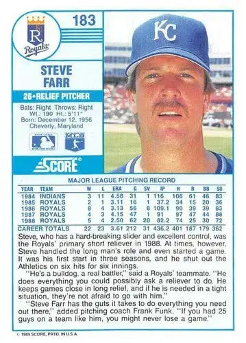 1989 Score #183 Steve Farr NM-MT Royals ID:80529 - Baseball Card Single