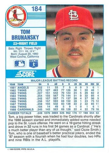1989 Score #184 Tom Brunansky NM-MT Cardinals ID:80345 - Baseball Card Single