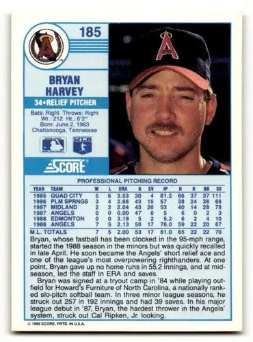 Original gloss Bryan Harvey California Angels baseball card from 1989 Score #185