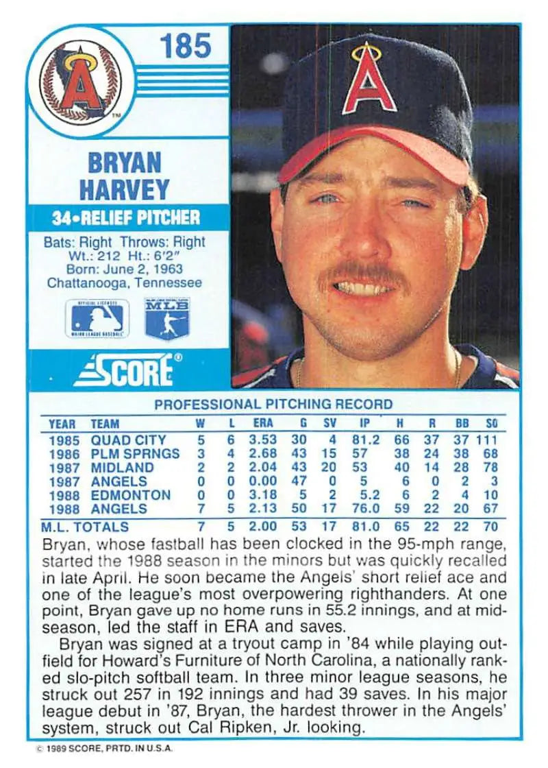 1989 Score #185 Bryan Harvey NM-MT RC Rookie California Angels Baseball Card - Baseball Card Single