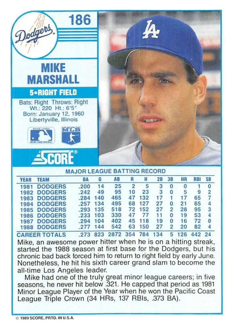 1989 Score #186 Mike Marshall NM-MT Los Angeles Dodgers Baseball Card - Baseball Card Single