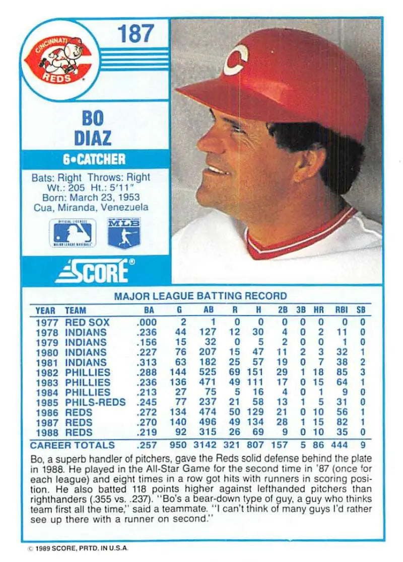 1989 Score #187 Bo Diaz NM-MT Cincinnati Reds Baseball Card - Baseball Card Single