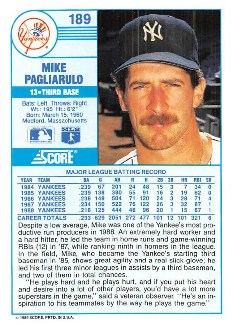 1989 Score #189 Mike Pagliarulo NM-MT New York Yankees Baseball Card - Baseball Card Single