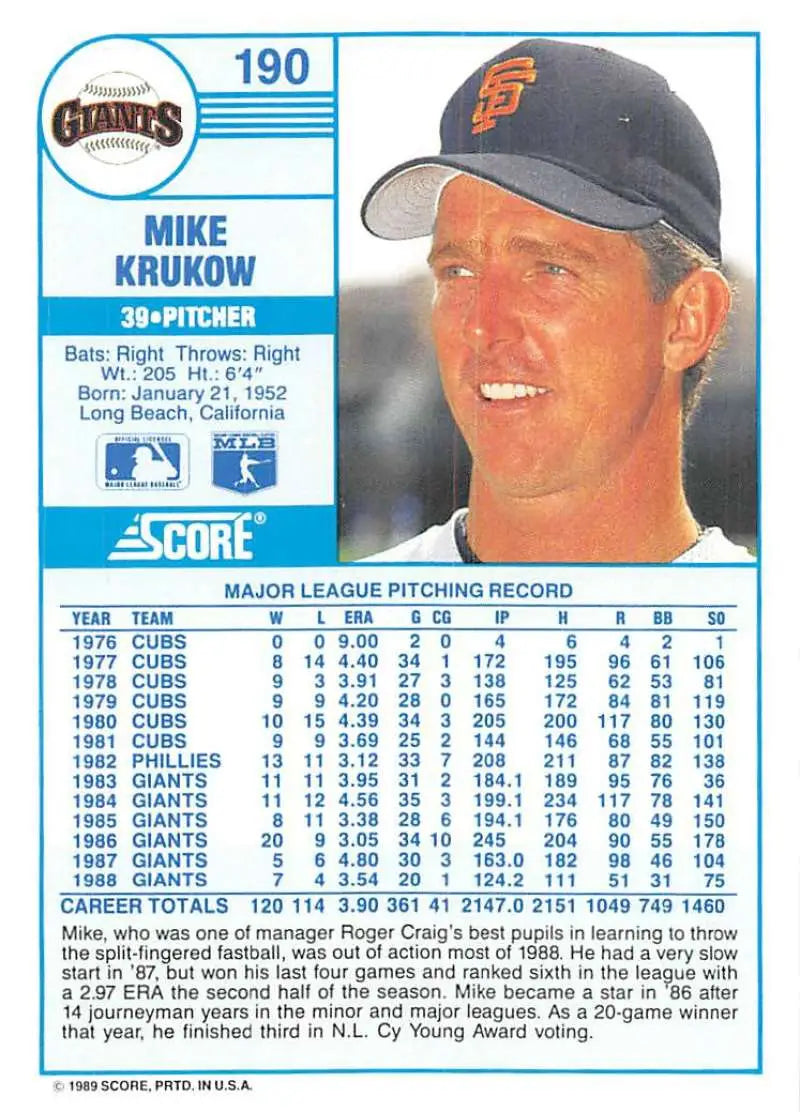 1989 Score #190 Mike Krukow NM-MT San Francisco Giants Baseball Card - Baseball Card Single