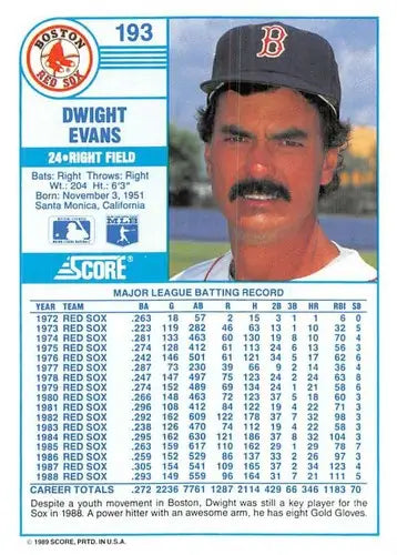 1989 Score #193 Dwight Evans NM-MT Red Sox ID:80348 - Baseball Card Single