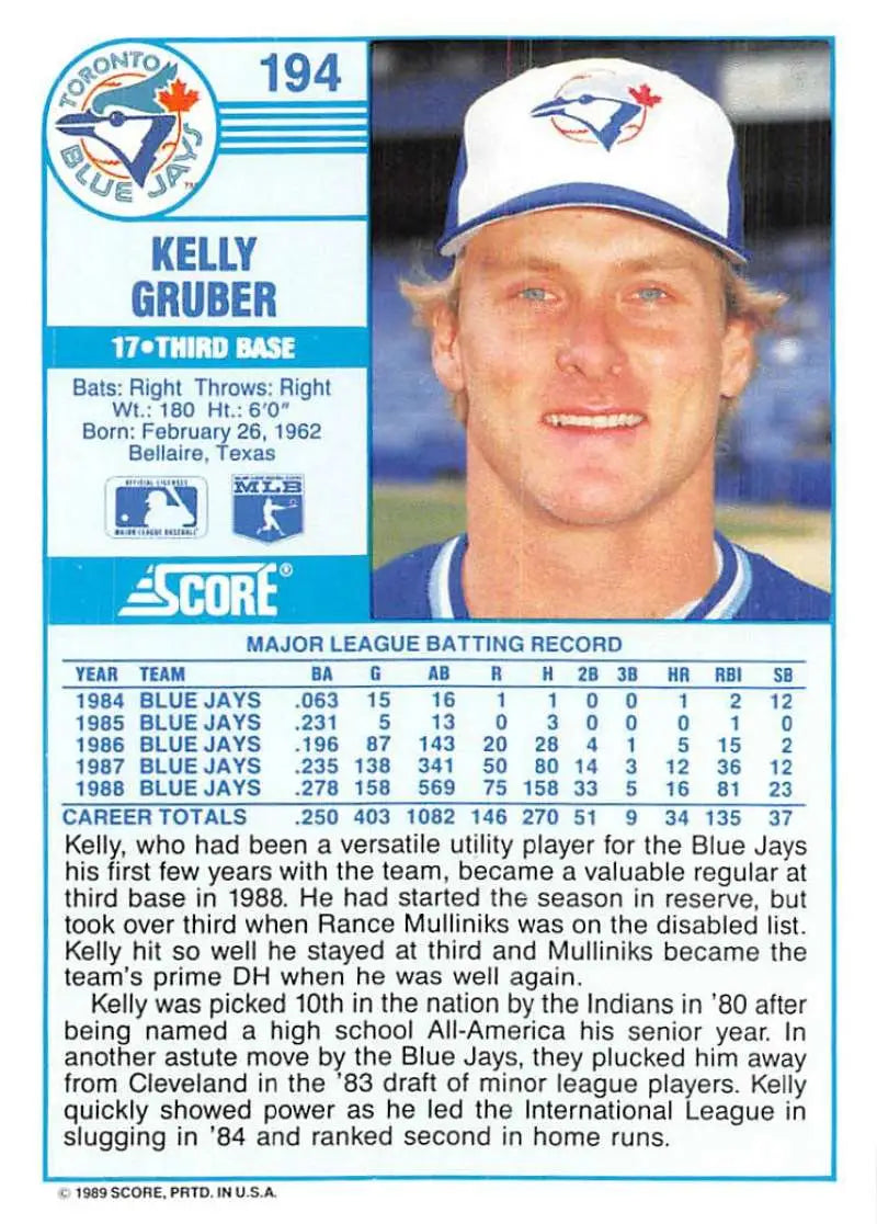 1989 Score #194 Kelly Gruber NM-MT Toronto Blue Jays Baseball Card - Baseball Card Single