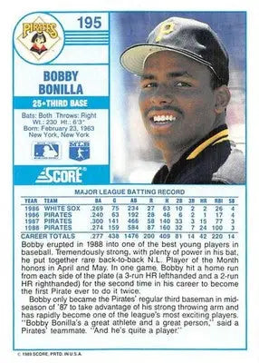 1989 Score #195 Bobby Bonilla NM-MT Pirates ID:80349 - Baseball Card Single