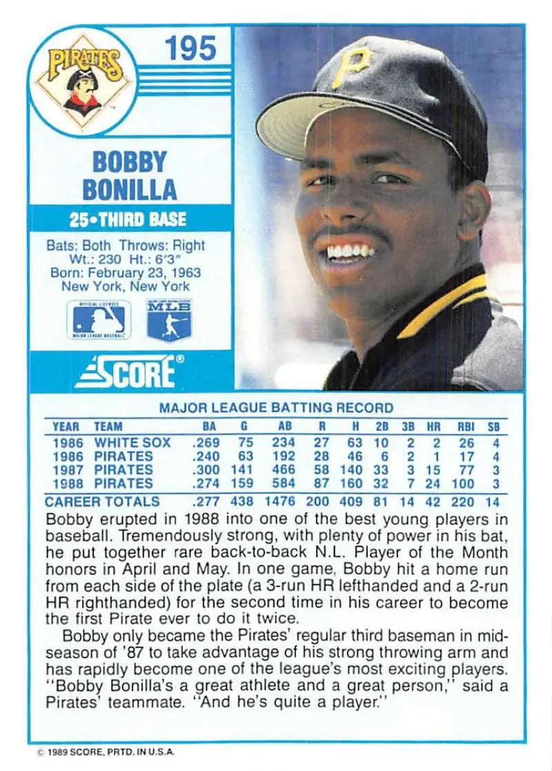 1989 Score #195 Bobby Bonilla NM-MT Pirates ID:80349 - Baseball Card Single