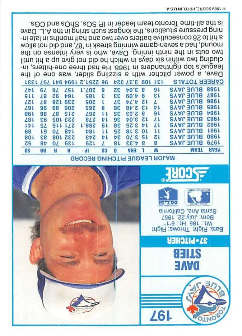1989 Score #197 Dave Stieb NM-MT Toronto Blue Jays Baseball Card - Baseball Card Single