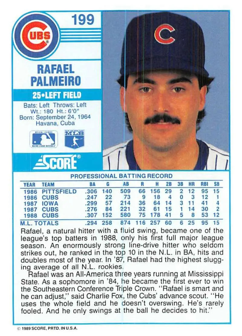 1989 Score #199 Rafael Palmeiro NM-MT Chicago Cubs Baseball Card - Baseball Card Single