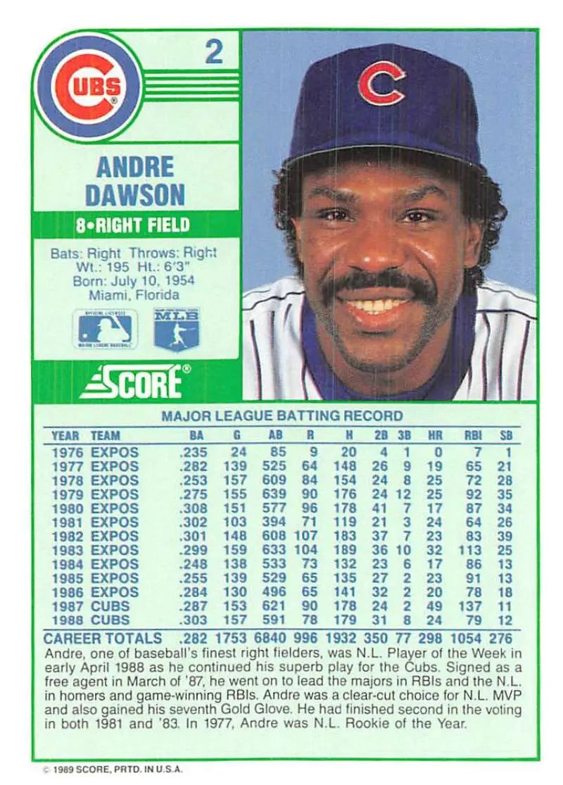 1989 Score #2 Andre Dawson NM-MT Chicago Cubs Baseball Card - Baseball Card Single
