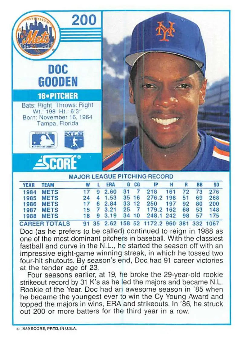 1989 Score #200 Dwight Gooden NM-MT New York Mets Baseball Card - Baseball Card Single