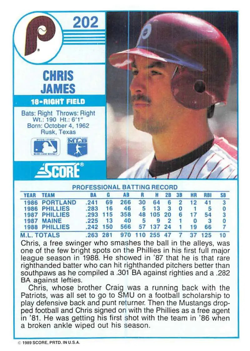 1989 Score #202 Chris James NM-MT Philadelphia Phillies Baseball Card - Baseball Card Single