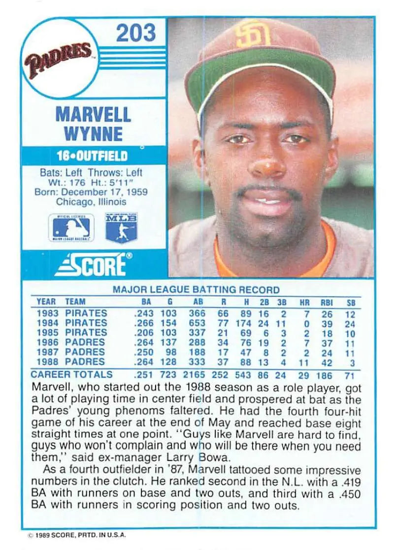 1989 Score #203 Marvell Wynne NM-MT San Diego Padres Baseball Card - Baseball Card Single