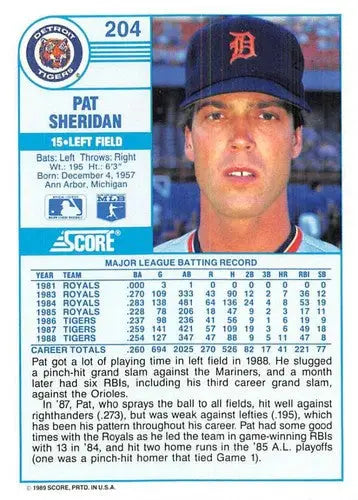 1989 Score #204 Pat Sheridan NM-MT Tigers ID:80355 - Baseball Card Single