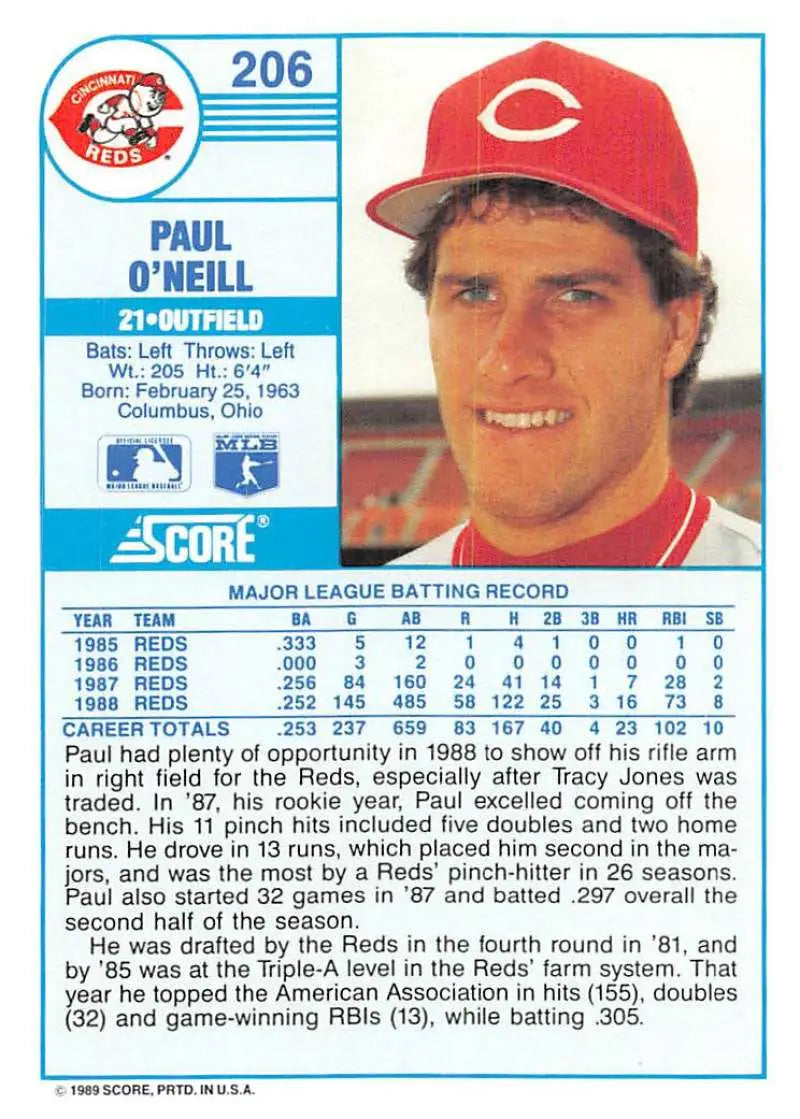 1989 Score #206 Paul O’Neill NM-MT Cincinnati Reds Baseball Card - Baseball Card Single