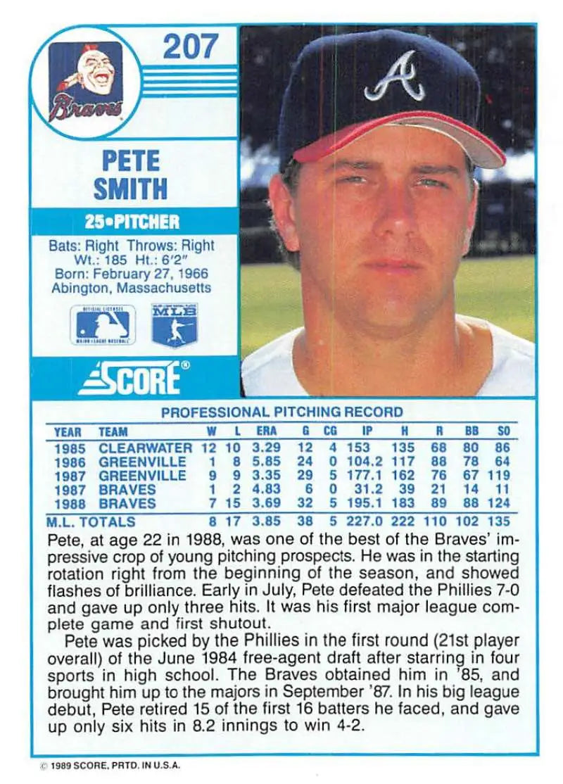 1989 Score #207 Pete Smith NM-MT Atlanta Braves Baseball Card - Baseball Card Single