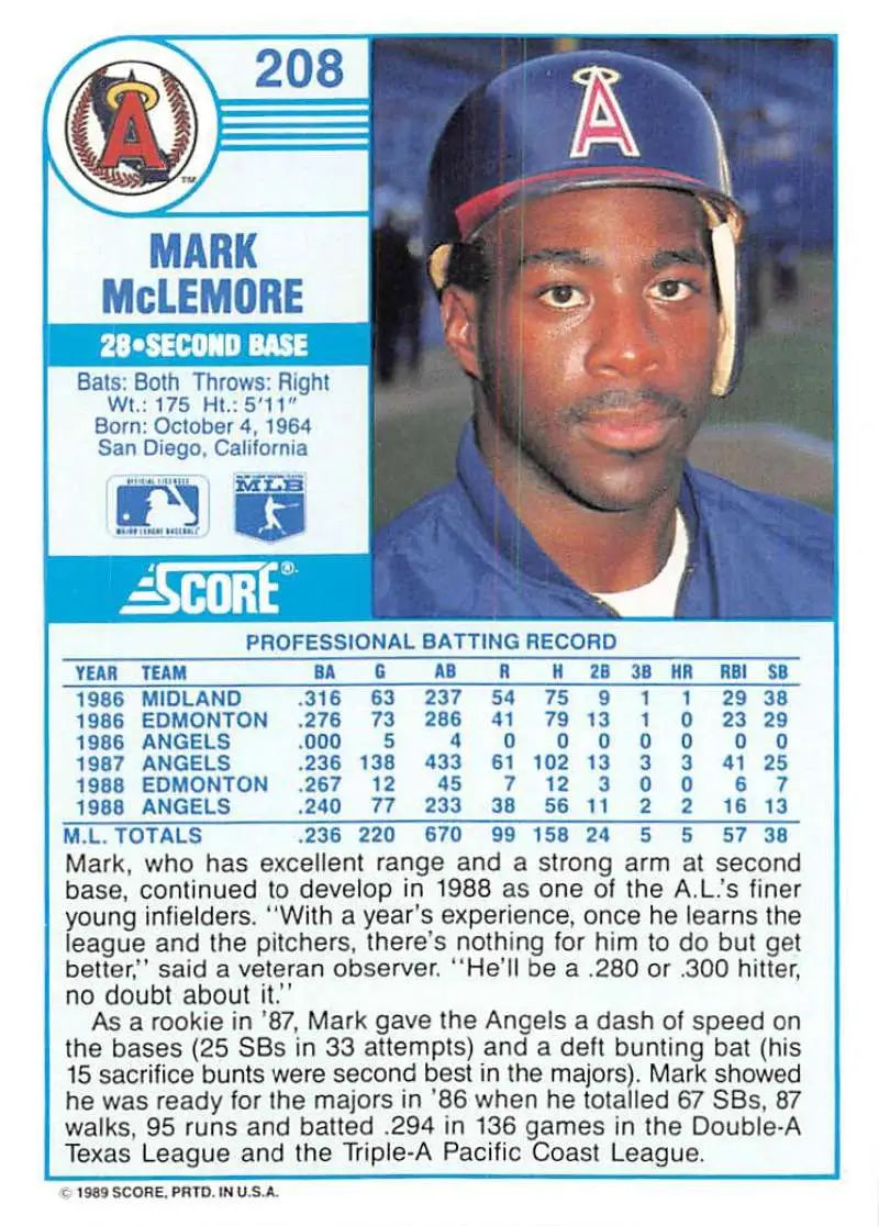1989 Score #208 Mark McLemore NM-MT California Angels Baseball Card - Baseball Card Single