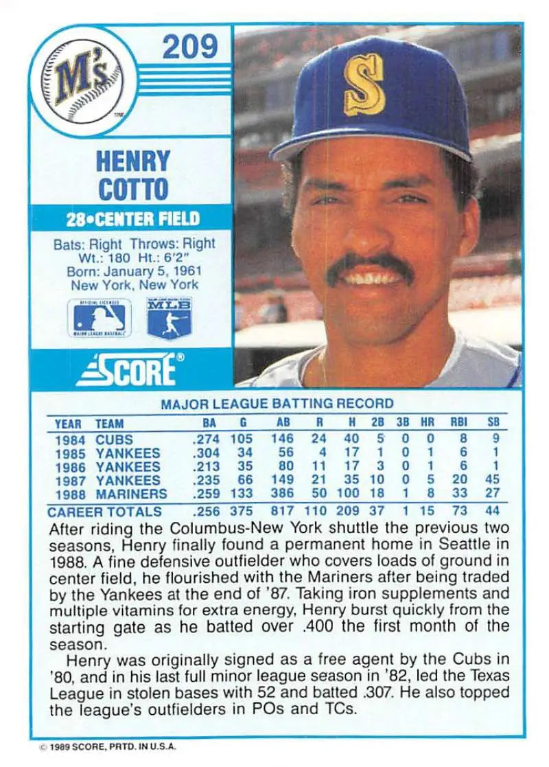 1989 Score #209 Henry Cotto NM-MT Seattle Mariners Baseball Card - Baseball Card Single