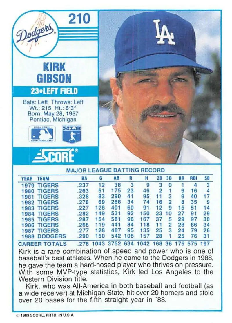 1989 Score #210 Kirk Gibson NM-MT Los Angeles Dodgers Baseball Card - Baseball Card Single