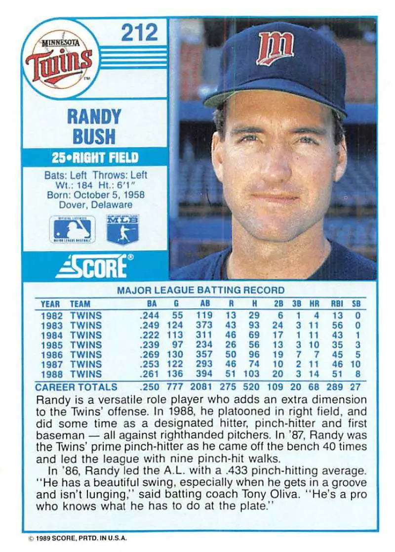 1989 Score #212 Randy Bush NM-MT Minnesota Twins Baseball Card - Baseball Card Single
