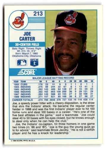 1989 Score #213 Joe Carter EX/NM Indians ID:66772