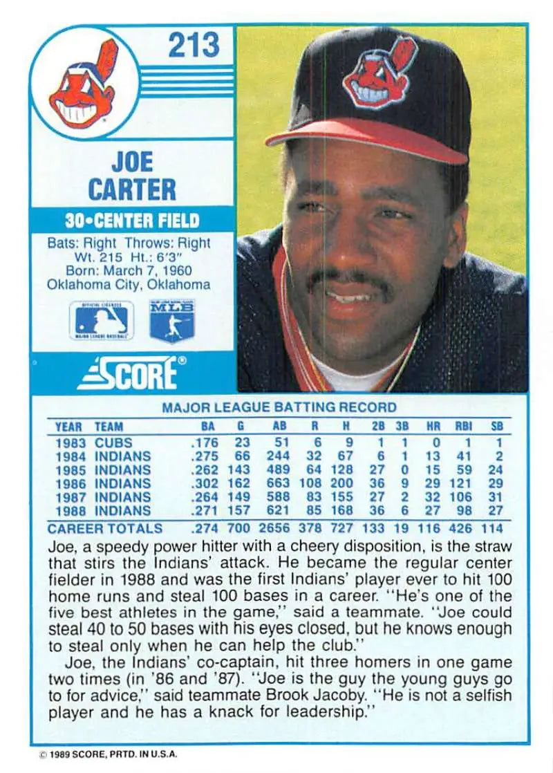 1989 Score #213 Joe Carter NM-MT Cleveland Indians Baseball Card - Baseball Card Single