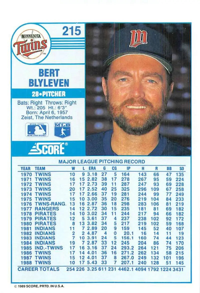 1989 Score #215 Bert Blyleven NM-MT Minnesota Twins Baseball Card - Baseball Card Single