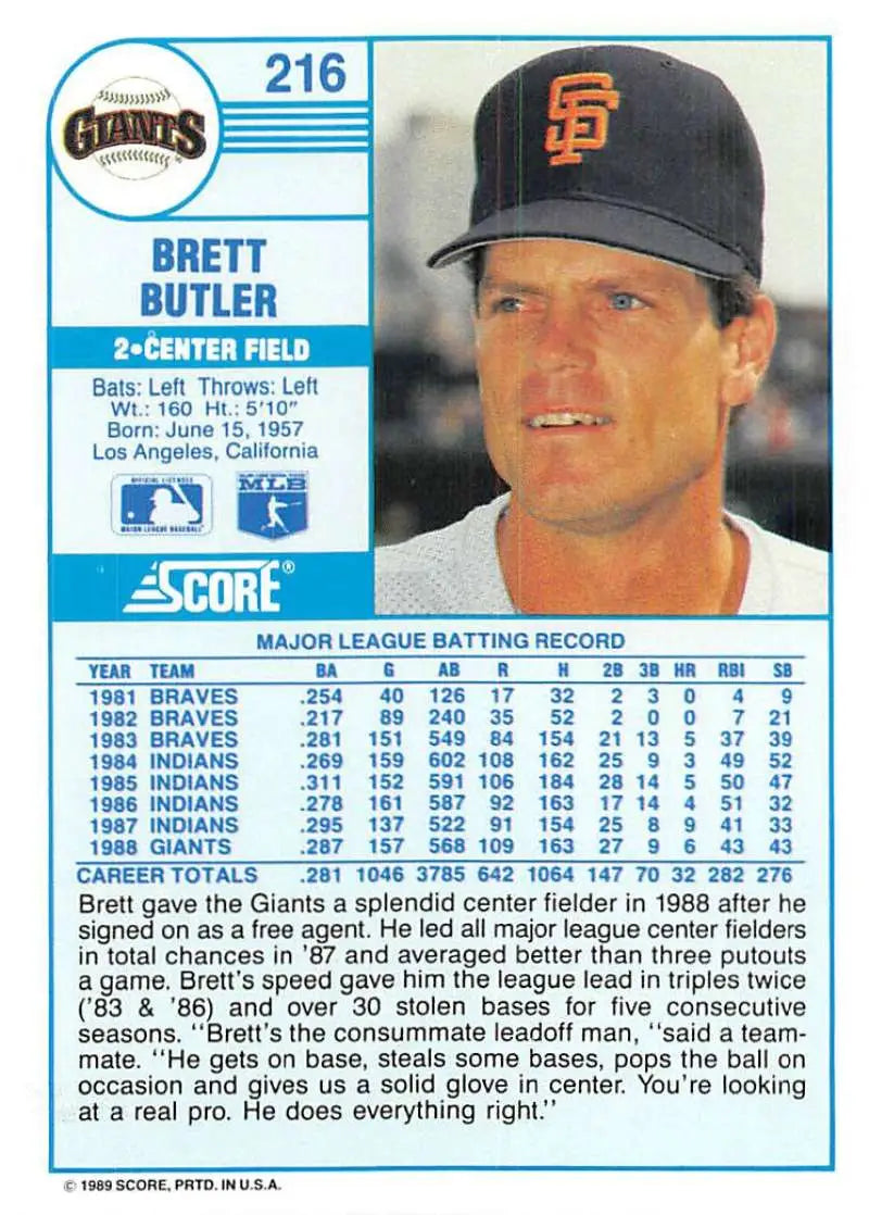 1989 Score #216 Brett Butler NM-MT San Francisco Giants Baseball Card - Baseball Card Single