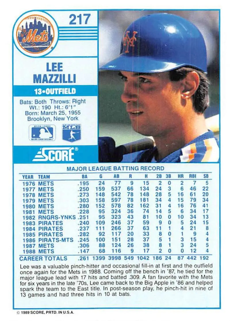 1989 Score #217 Lee Mazzilli NM-MT New York Mets Baseball Card - Baseball Card Single