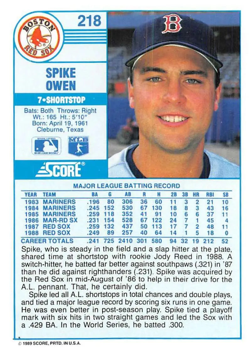 1989 Score #218 Spike Owen NM-MT Boston Red Sox Baseball Card - Baseball Card Single