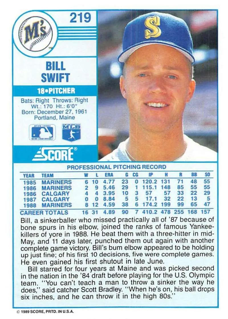 1989 Score #219 Bill Swift NM-MT Seattle Mariners Baseball Card - Baseball Card Single