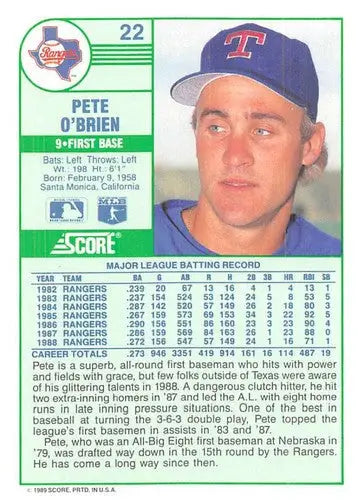 1989 Score #22 Pete O’Brien NM-MT Rangers ID:80254 - Baseball Card Single