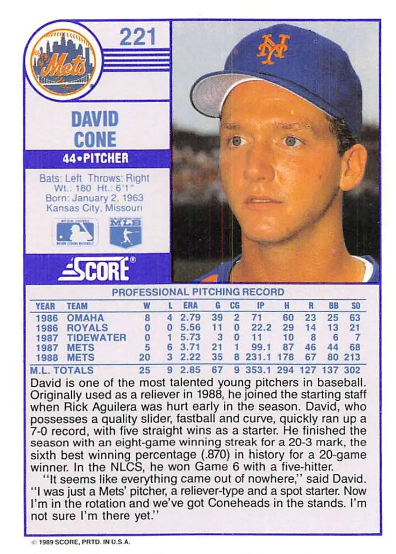 1989 Score #221 David Cone NM-MT New York Mets Baseball Card - Baseball Card Single