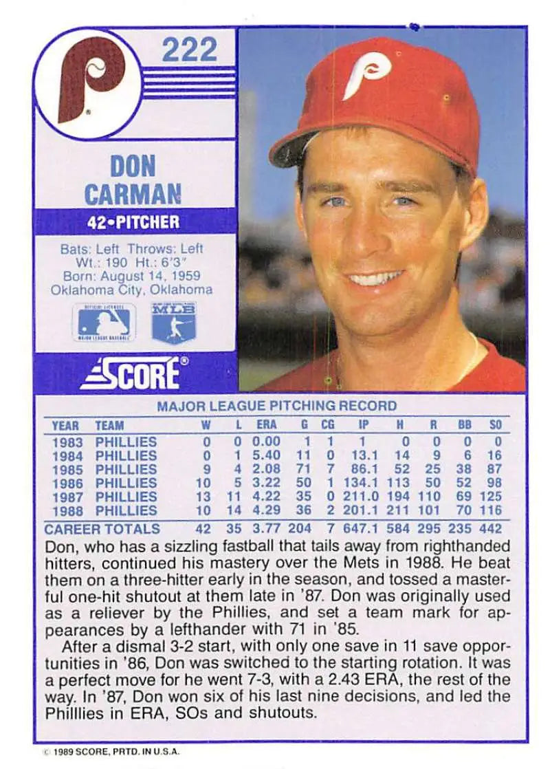 1989 Score #222 Don Carman NM-MT Philadelphia Phillies Baseball Card - Baseball Card Single