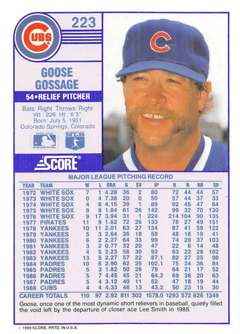 1989 Score #223 Rich Gossage NM-MT Chicago Cubs Baseball Card - Baseball Card Single