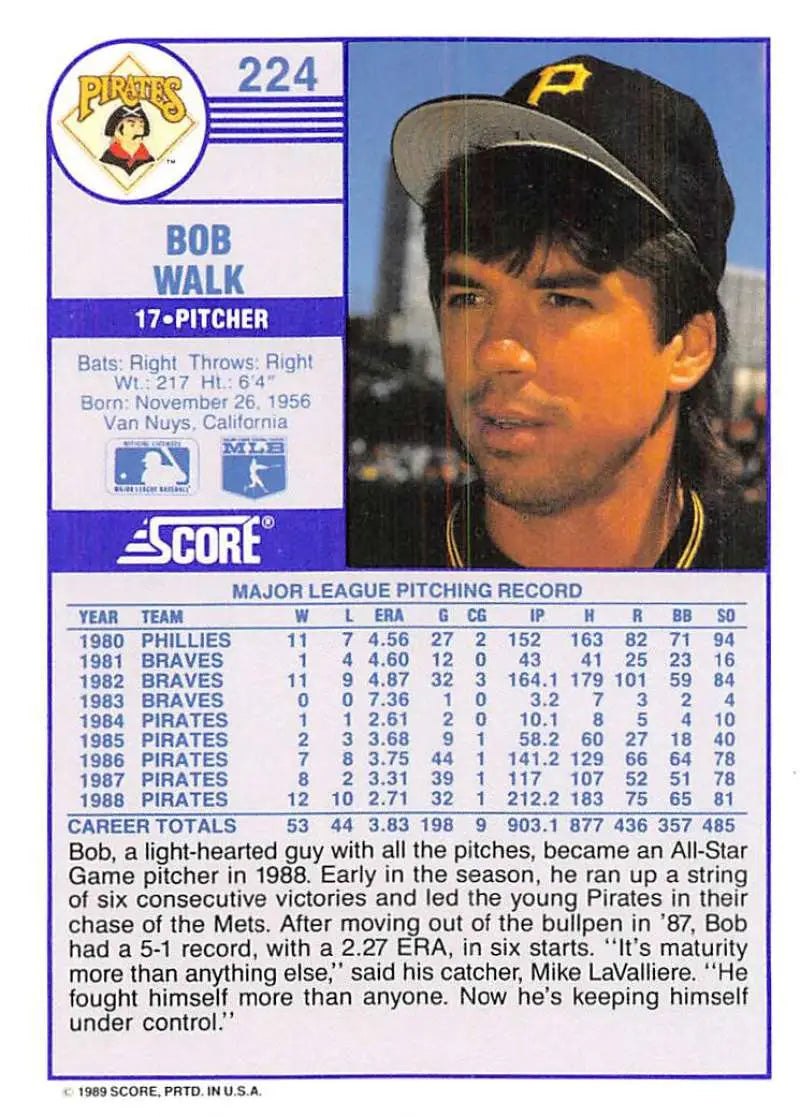 1989 Score #224 Bob Walk NM-MT Pittsburgh Pirates Baseball Card - Baseball Card Single