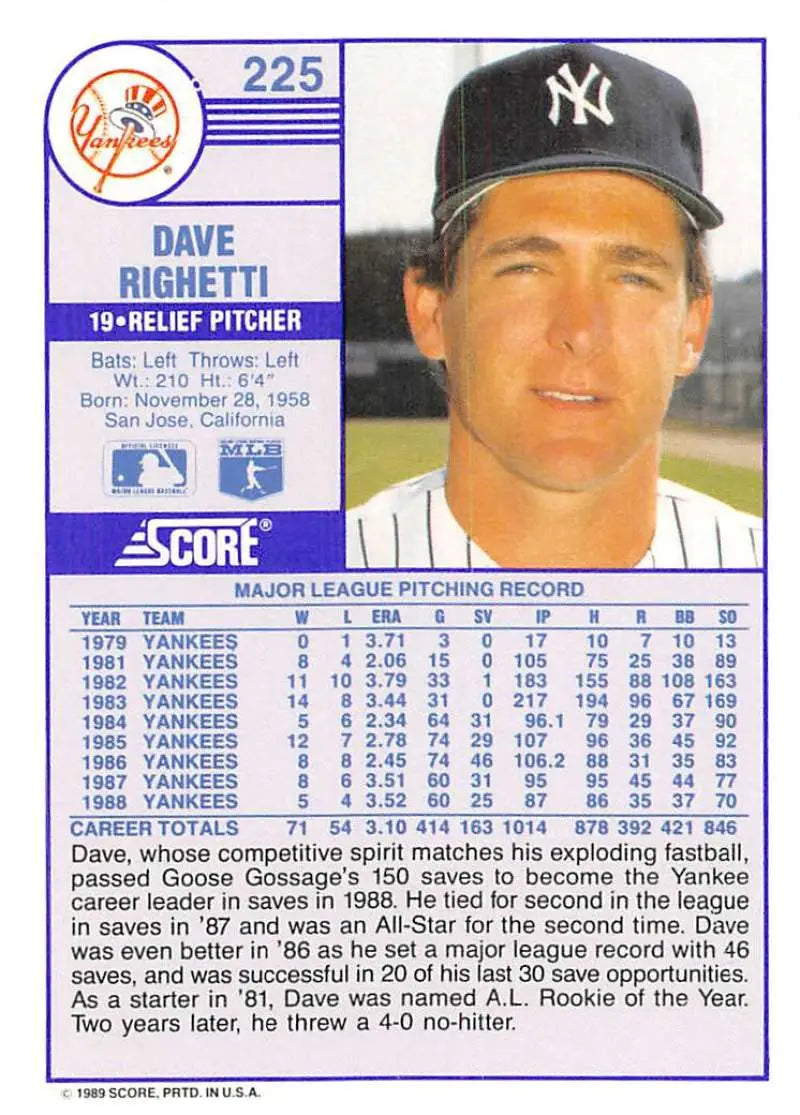 1989 Score #225 Dave Righetti NM-MT New York Yankees Baseball Card - Baseball Card Single