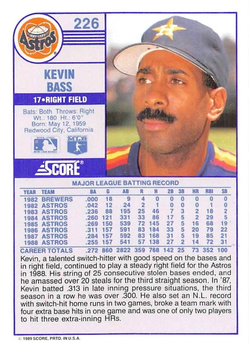 1989 Score #226 Kevin Bass NM-MT Houston Astros Baseball Card - Baseball Card Single