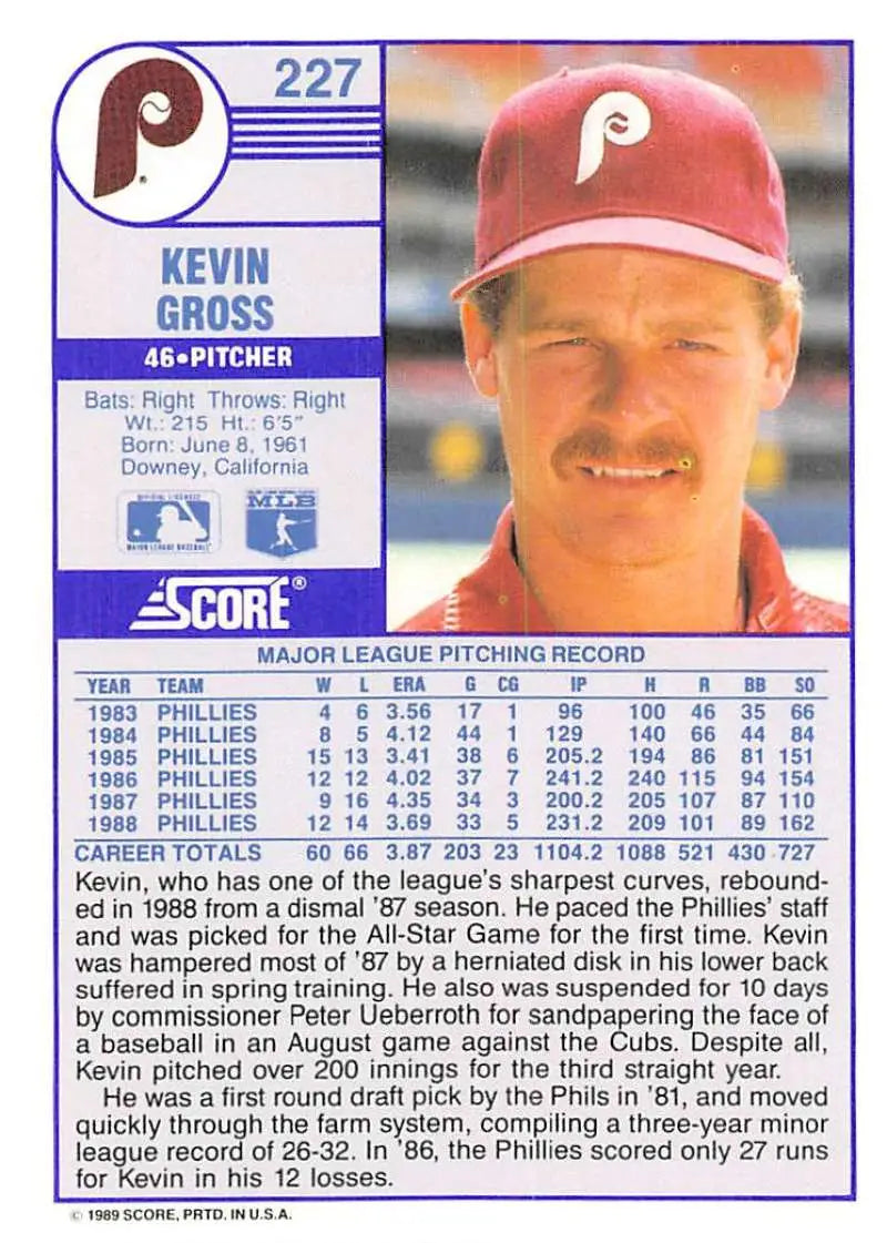 1989 Score #227 Kevin Gross NM-MT Philadelphia Phillies Baseball Card - Baseball Card Single