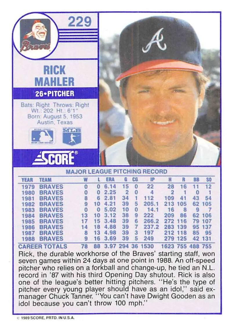 1989 Score #229 Rick Mahler NM-MT Atlanta Braves Baseball Card - Baseball Card Single