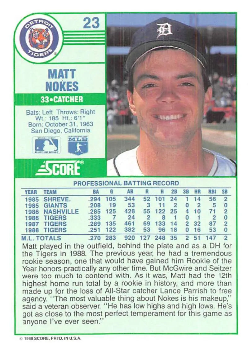 1989 Score #23 Matt Nokes NM-MT Detroit Tigers Baseball Card - Baseball Card Single