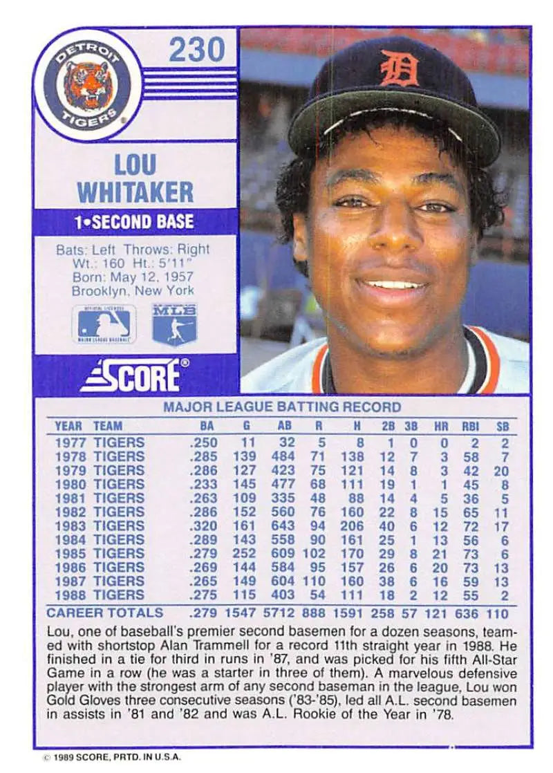 1989 Score #230 Lou Whitaker NM-MT Detroit Tigers Baseball Card - Baseball Card Single