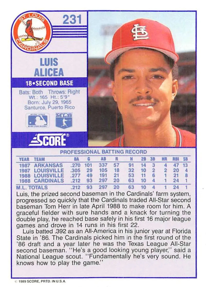 1989 Score #231 Luis Alicea NM-MT RC Rookie St. Louis Cardinals Baseball Card - Baseball Card Single