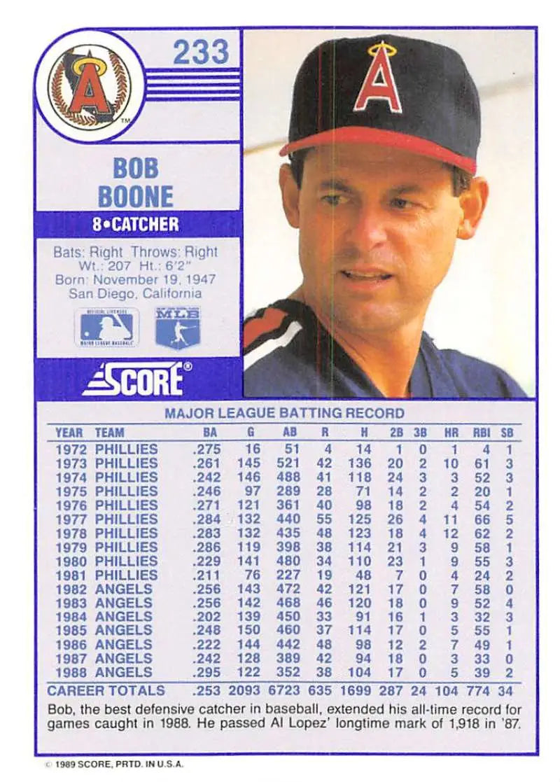 1989 Score #233 Bob Boone NM-MT California Angels Baseball Card - Baseball Card Single