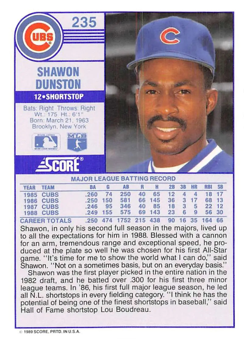 1989 Score #235 Shawon Dunston NM-MT Chicago Cubs Baseball Card - Baseball Card Single