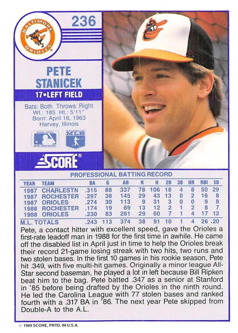 1989 Score #236 Pete Stanicek NM-MT Baltimore Orioles Baseball Card - Baseball Card Single