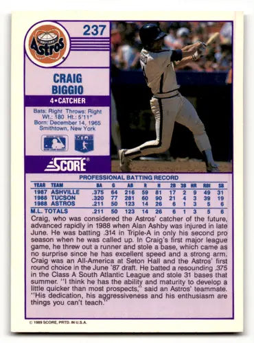 1989 Score #237 Craig Biggio NM-MT Astros ID:58512 - Baseball Card Single
