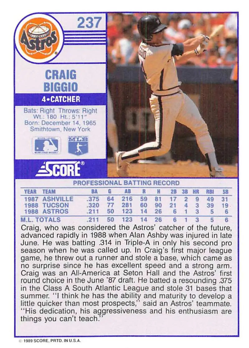 1989 Score #237 Craig Biggio NM-MT Houston Astros Baseball Card - Baseball Card Single