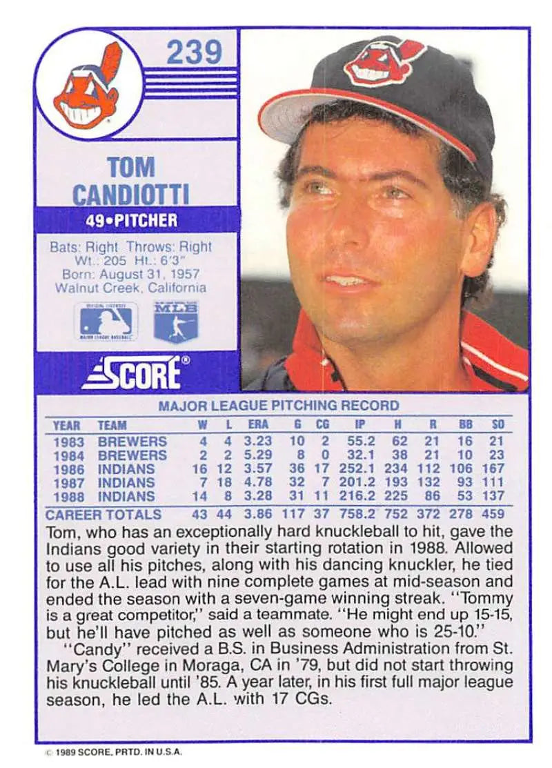 1989 Score #239 Tom Candiotti NM-MT Cleveland Indians Baseball Card - Baseball Card Single